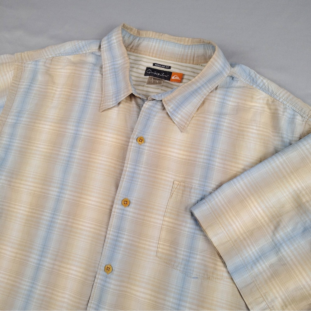 *Read Quiksilver Mens XXL Beige Plaid Hawaiian Camp Shirt Embroidered Floral